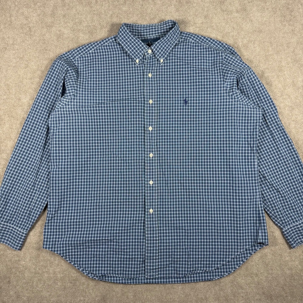 Ralph Lauren Mens Size XL Classic Fit Blue‎ Green Plaid Long Sleeve Shirt Pony